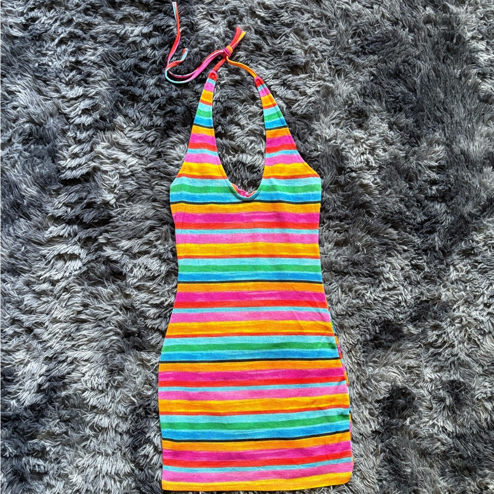Multicolor Striped Halter Mini Dress | Rainbow Backless Bodycon Summer Dress
